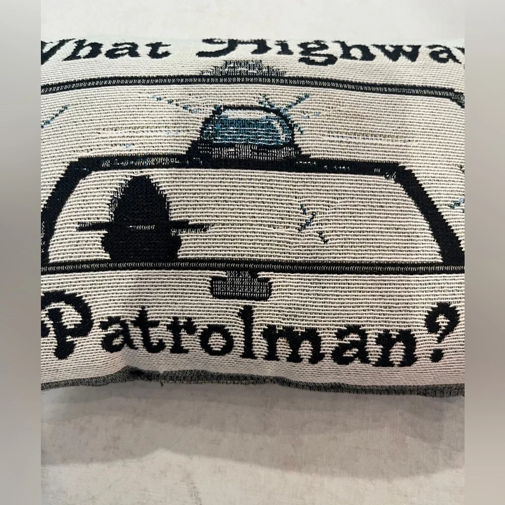 Vintage tapestry style “What Highway Patrolmen?” Decorative Pillow.